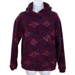 Vintage EMS Fleece Pullover Womens Small Burgundy Diamond Pattern Shawl Collar